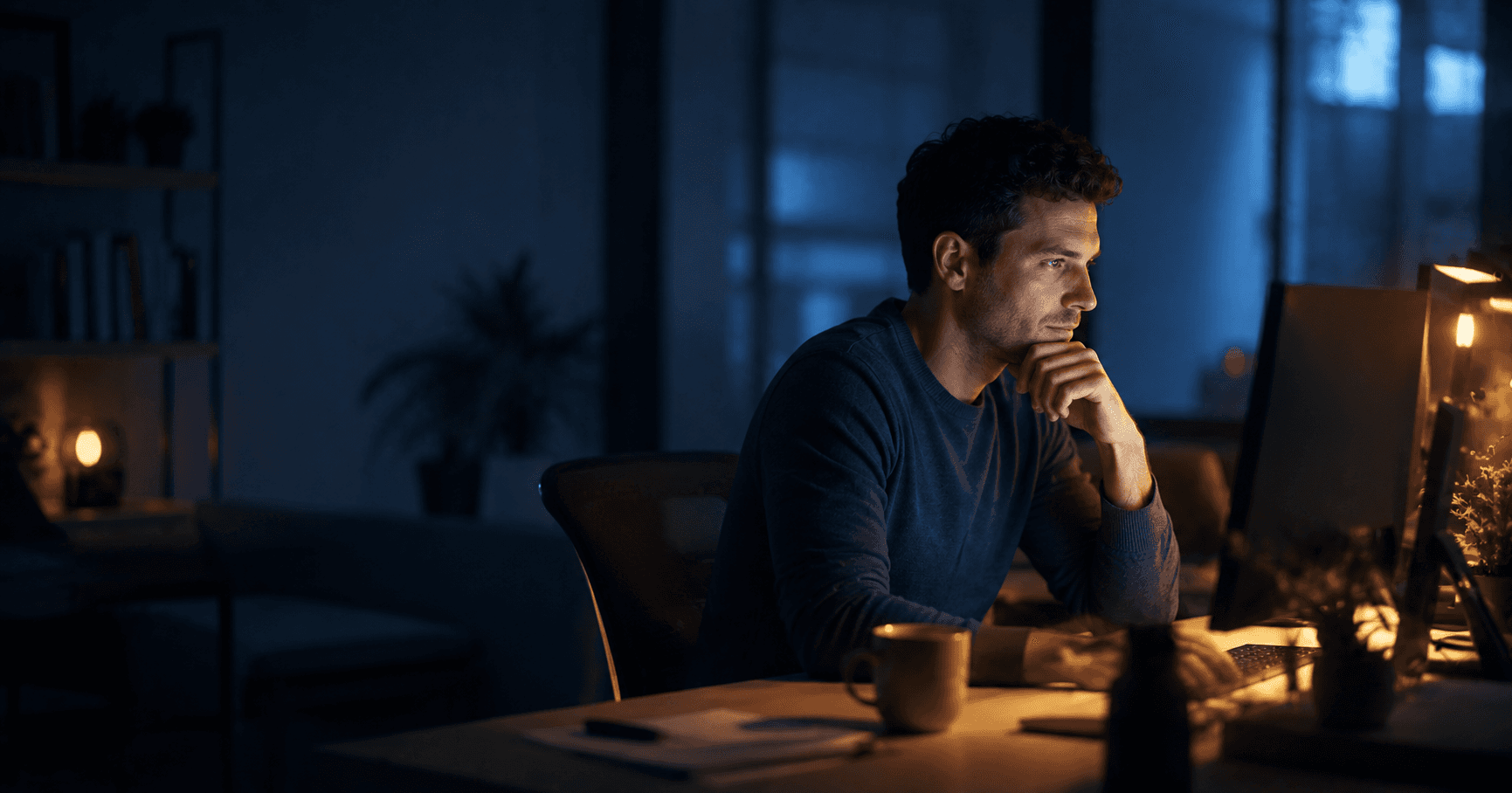 An engineer alone at a desk at night, calmly watching a live system in warm low light